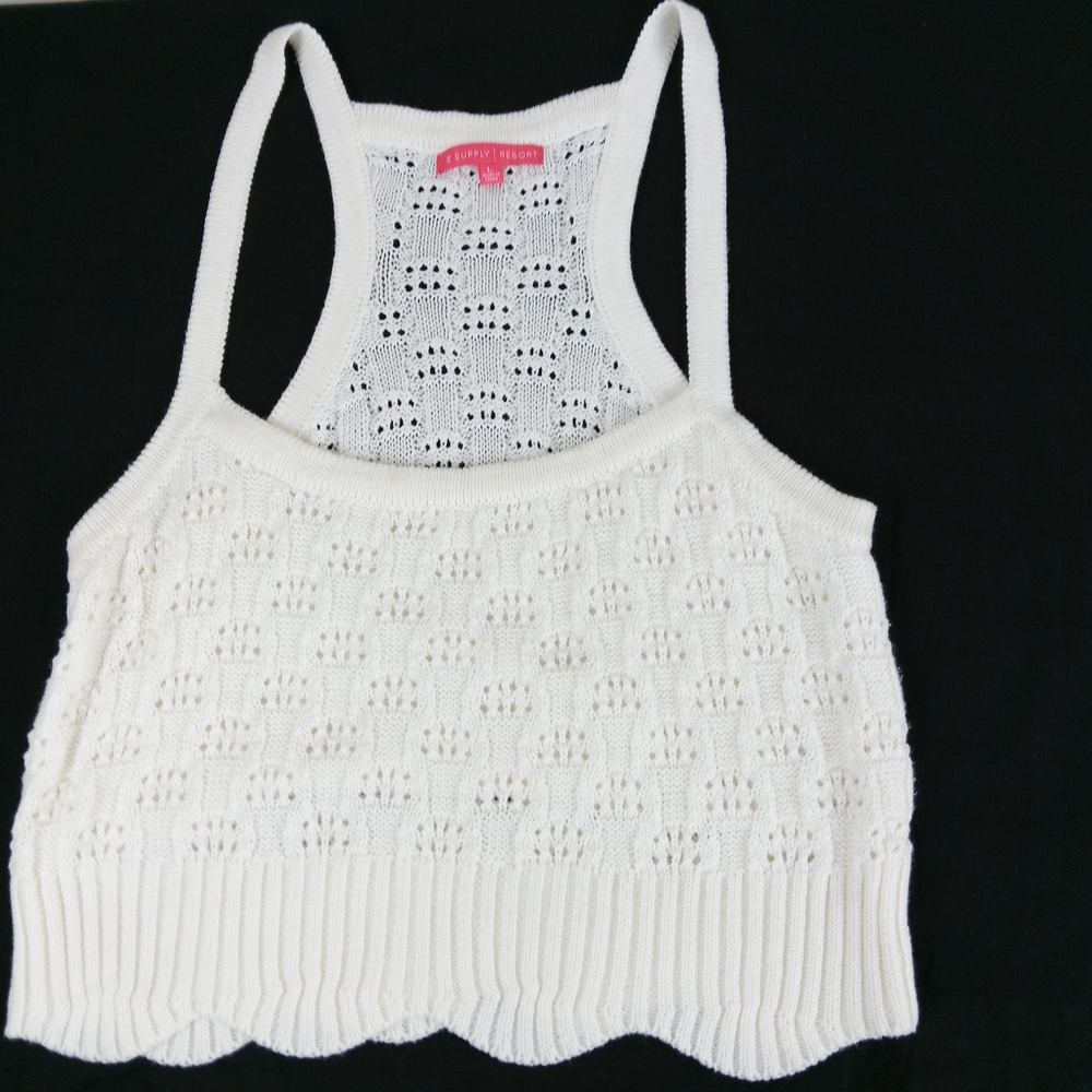 Z Supply Resort Crochet Crop Tank Top Women Size L White Scalloped Lined